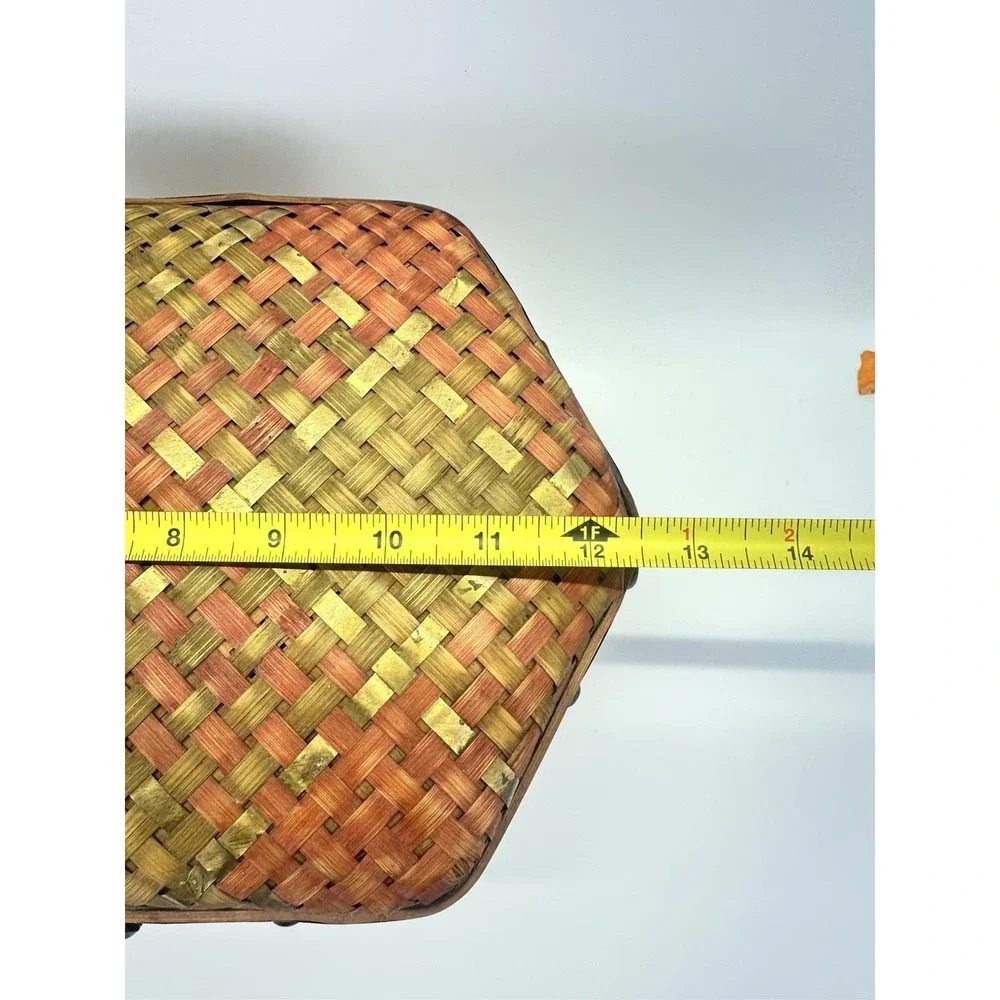 Vintage Woven Bamboo Brass Storage Box Hinged Lid Latch Handles 13
